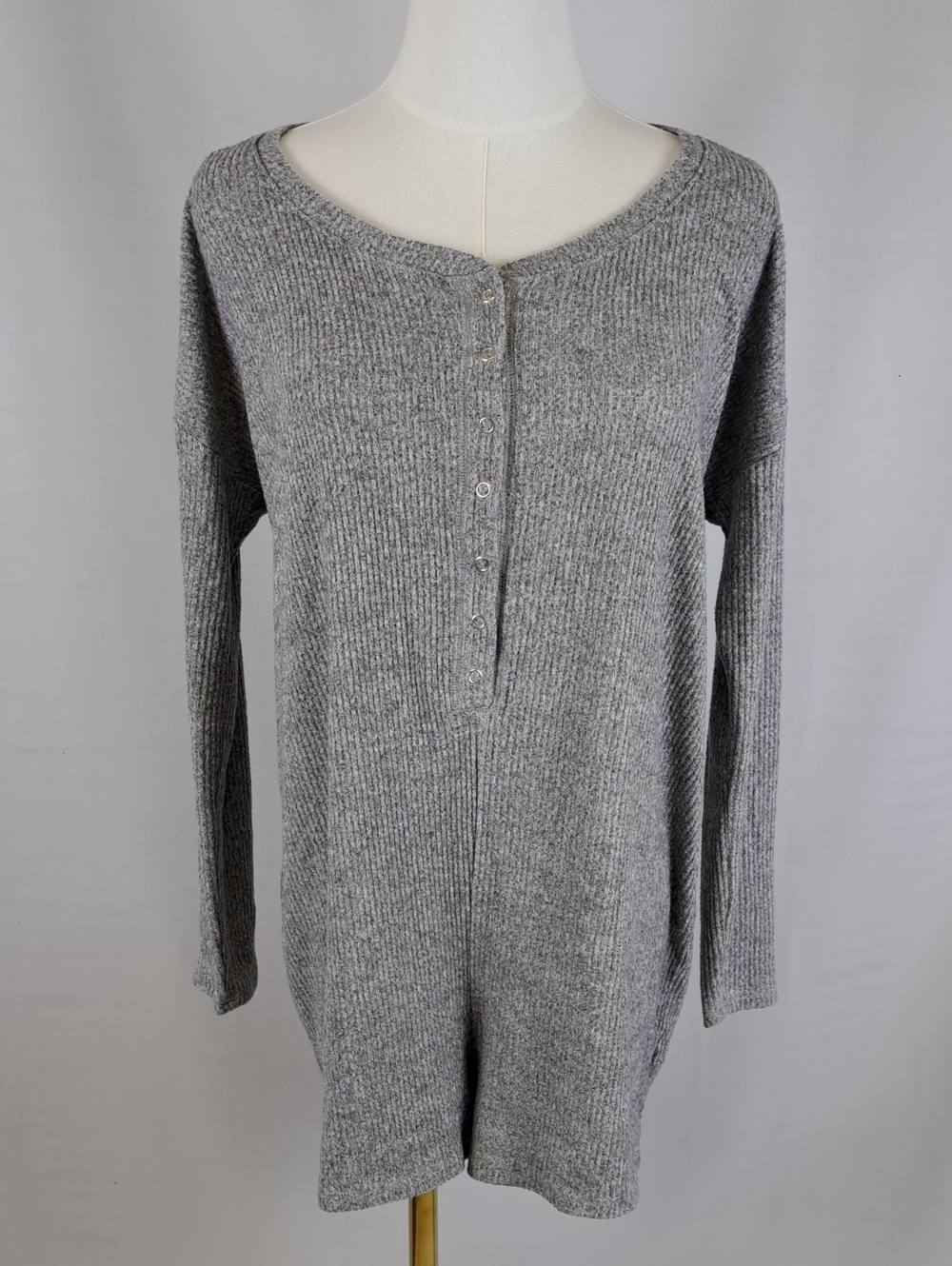Aerie Soft Ribbed Henley Knit Romper Loungewear Playsuit Heather Gray Oversize S